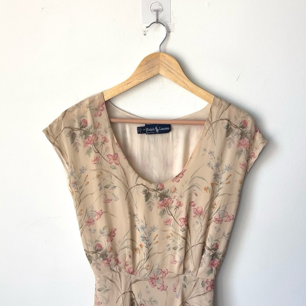 Vintage Ralph Lauren Blue Label Floral Cream Dress Size 4 Italy 80s 100% Rayon